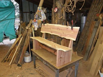 Raw Wood Furniture, Cedar Bench, Log Bench, Outdoor Wood Projects, Cedar Boards, Cedar Log, Church Pew, Progress Pictures, Outdoor Wood