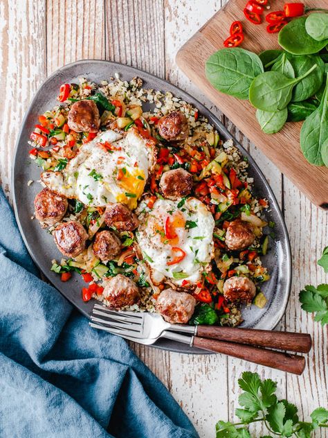 Keto Breakfast Scramble | Mini Meatballs, Cauliflower Hash, & Eggs Mini Turkey Meatballs, Paleo Sandwich, Breakfast Scramble, Against All Grain, Sauteed Veggies, Sauteed Vegetables, Paleo Breakfast, Breakfast Meal Prep, Low Carb Breakfast