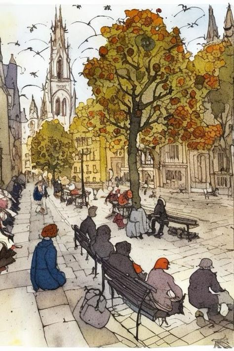 style by Anton Pieck, by Otto Riet, by Hugo Pratt, autumn, city square, people sitting on the bench, others walking past, autumn flowers, clouds, watercolor, drawing, pen, [ink color], dirty tones, colored, intricate detailed https://apps.apple.com/us/app/genzart-ai-art-generator/id1669915100 Bench Illustration, Clouds Watercolor, Autumn City, Hugo Pratt, Sitting Bench, Anton Pieck, City Square, Autumn Flowers, Drawing Pen