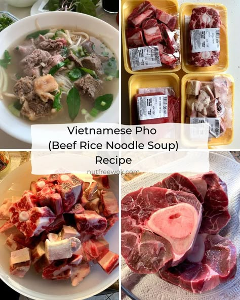 collage of beef pho with various beef ingredients Pho Beef Recipe, Homemade Beef Pho, Beef Pho Broth Recipe, Beef Rice Noodle Soup, Beef Pho Recipe Easy, Pho Tai Recipe, Easy Beef Pho, Authentic Pho Recipe, Thai Beef Noodle Soup