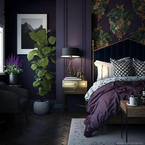 Small Room Color Ideas Bedrooms, Dark Green And Purple Aesthetic, Bedroom Tv Setup, Dark Purple Paint Colors, Deep Purple Bedroom, Whimsigoth House, Manhattan Bedroom, Purple And Green Bedroom, Small Room Colors