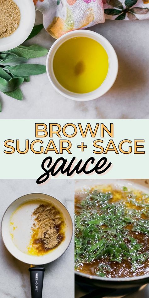 Brown Sugar Sage Sauce, a sweet, savory, and simple homemade sauce with browned butter, brown sugar, and fresh sage. You'll love this delicious sauce that's so quick and easy to whip up! Nut Sauce Recipe, Sage Butter Pasta, Pine Nuts Pasta, Brown Sugar Sauce, Butter Sauce For Pasta, Vegetarian Sauces, Homemade Brown Sugar, Brown Butter Sage Sauce, Sage Sauce