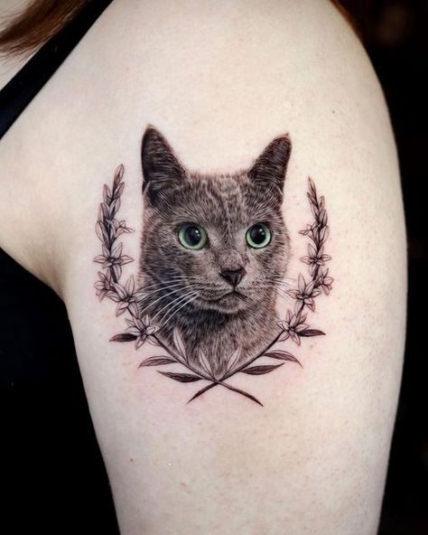 Cat And Floral Tattoo, Black And White Cat Portrait Tattoo, Grey And White Cat Tattoo, Cat Portrait Tattoo Designs, Cat Portrait Tattoo Black And Grey, Black And Gray Cat Tattoo, Realistic Cat Tattoos, Cat Tattoo Floral, Black Cat Portrait Tattoo