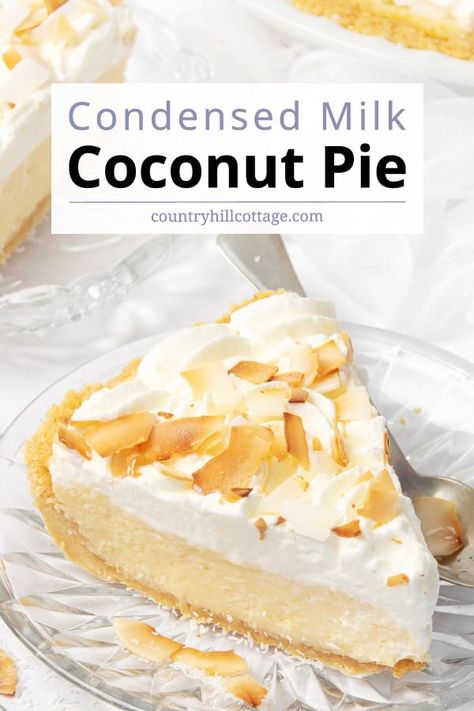 Lush and decadent, condensed milk coconut pie is guaranteed to please! The coconut cream pie features a coconut crust and a creamy coconut custard filling, hidden under a whipped topping and toasted coconut flakes. Serve this coconut pie recipe with condensed milk to your family and friends for a special occasion and any holiday. It's a crowd-pleaser and will disappear fast! It's light, cool and perfect for summer! Create variations with chocolate, rum or pie crust. | CountryHillCottage.com Condensed Milk Pie Filling, Coconut Cream Pie With Sweetened Condensed Milk, Coconut Custard Pie Condensed Milk, Creamed Coconut Recipes, Sweetened Condensed Milk Recipes Pies, Sweetened Condensed Coconut Milk Recipes, Sweetened Condensed Milk Pie, Coconut Condensed Milk Recipe, Recipe With Sweetened Condensed Milk