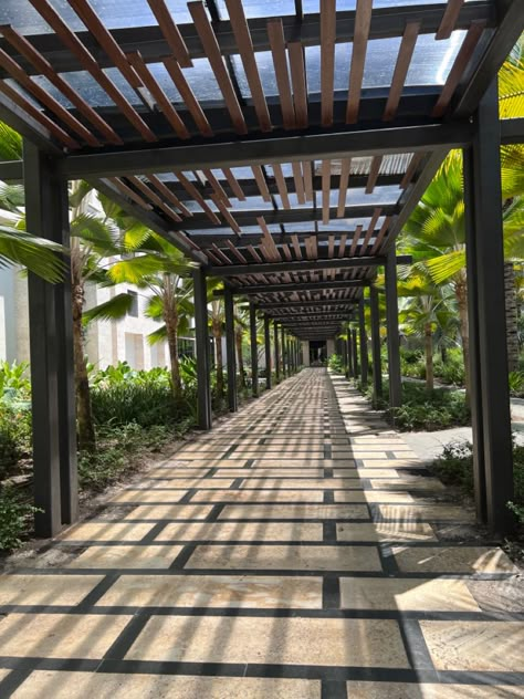 Covered Pathways Architecture, Walkway Canopy Design, Restaurant Landscape Design Plan, Covered Walkway Architecture, Pergola Walkway, Ramps Architecture, Parking Building, Green Terrace, Covered Walkway