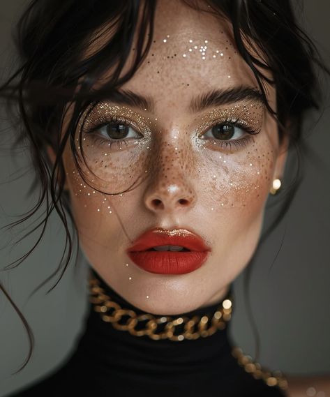 Editorial Gold Makeup, Brunette Hair Makeup Looks, Elegant Christmas Makeup Looks, Gold Accent Makeup, Glitter Lips Makeup Look, Glitter Freckles Makeup, Photoshoot Ideas Glitter, Makeup With Sparkles, Gold Festival Makeup