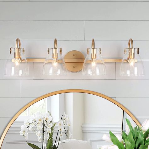 Bathroom Light Fixtures Modern, Gold Mirror Bathroom, Gold Bathroom Light Fixtures, Modern Vanity Lights, Vanity Lights Over Mirror, Gold Bathroom Fixtures, Bathroom Lights Over Mirror, Powder Room Lighting, Modern Bathroom Light Fixtures