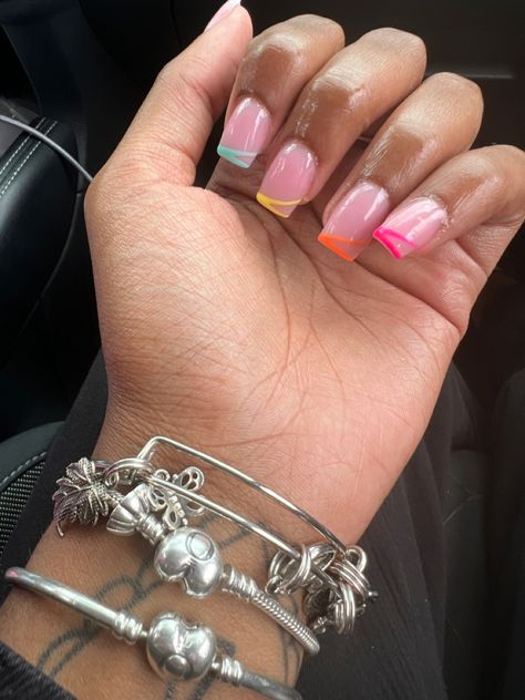 Short French Tip Acrylic Nails Different Colors, Color Short French Tip Nails, Summer French Tip Nails Square Short, Colorful Summer French Tip Nails, Short Simple Nail Sets, Easter Nails Black Women, Colorful Short Acrylic Nails, French Tips Summer Nails, Spring Color Nails Acrylic