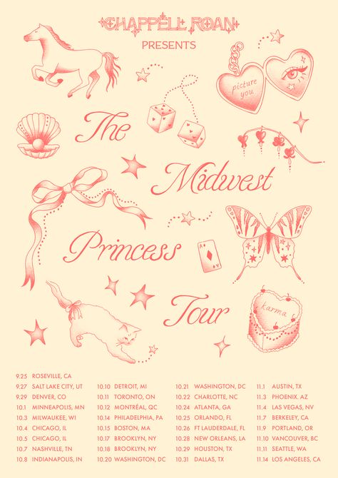 poster for the north american leg of chappell roan's 'the midwest princess' tour 2024. designed by ramisha sattar. Chappel Roan Poster Aesthetic, Event Poster Aesthetic, Pink Pony Club Chappell Roan, Posters Chappel Roan, Chappell Roan Poster Print, Chapelle Roan Poster, Chappell Roan Inspired Tattoos, Chappell Roan Midwest Princess, Chappel Roan Tattoo