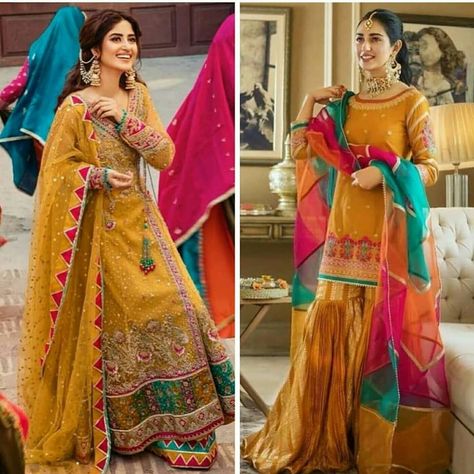 Mayoun Dress Ideas, Garara For Haldi, Yellow Gharara For Haldi, Haldi Dress Ideas, Mayon Dresses, Haldi Dress, Haldi Outfits, Beautiful Bridal Dresses, Bridal Dresses Pakistan