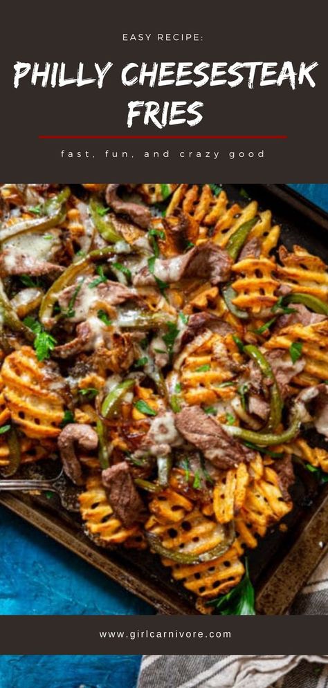 These loaded fries are so easy to make and crazy good! Loaded Philly Cheesesteak Fries with sliced rib eye steak #recipe #appetizer #footballrecipe Cheese Steak Fries, Philly Cheesesteak Fries, Cheesesteak Fries, Loaded Fries Recipe, Meat Ideas, Dirty Fries, Cheesesteak Recipe, Carnivore Recipes, French Fries Recipe