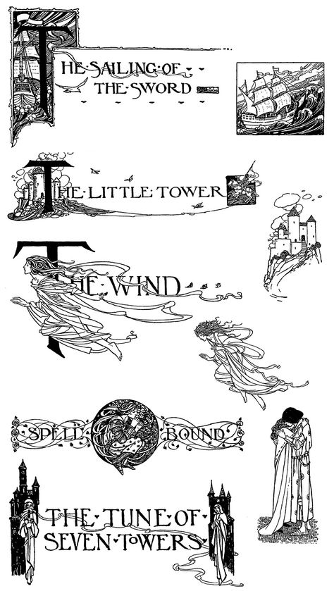 Chapter headings and tail pieces designed by Florence Harrison for “Early poems of William Morris” (1914) Florence Harrison Illustration, Book Chapter Design Illustrations, Book Chapter Illustration, Chapter Design Layout, Chapter Headings Design, Chapter Heading Ideas, Book Chapter Design, Illustrated Poems, Florence Harrison