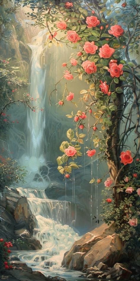 Waterfalls Acrylic Painting, Flower Forest Painting, Impressive Paintings, Beautiful Paintings Of Nature, Waterfall Painting, Beautiful Summer Wallpaper, Waterfall Paintings, Rose Oil Painting, Texture Painting On Canvas