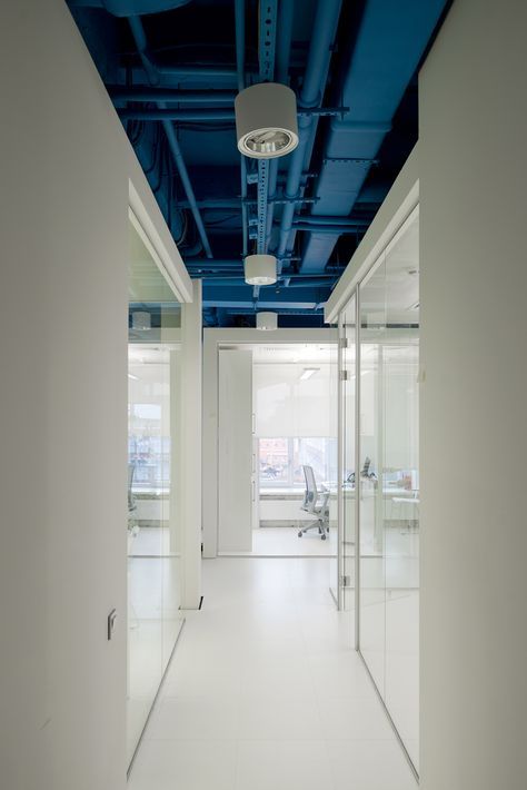 Optimedia office on Behance Blue Ceiling, Agency Office, Office Ceiling, Corridor Design, Office Images, Office Tour, Office Hallway, Blue Office, Office Space Design