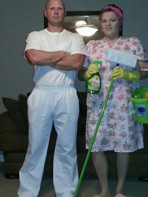 Mrs & Mr Clean Halloween 2013 Bald Couple Costumes, Mr Clean Halloween Costume Couples, Cleaning Lady Costume, Mr Clean Couples Costume, Bald Man Halloween Costume Ideas, Mr Clean Halloween Costume, Bald Halloween Costumes, Bald Costume Ideas, Housewarming Outfit