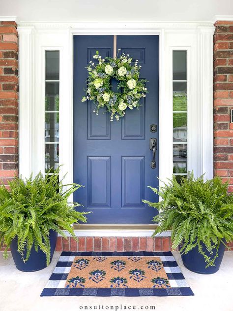 If you want to update your front door paint color, you are in the right place! I'm answering all of your questions about paint sheens, sidelights, how to prepare a door, and more. Front Door Plants, Front Door Planters, Summer Planter, Door Planter, Blue Front Door, Summer Porch Decor, Front Door Paint Colors, Porch Planters, Blue Planter