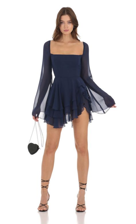 Chiffon Bell Sleeve Dress in Navy | LUCY IN THE SKY Dark Blue Hoco Dress, Winter Formal Dresses Short, Blue Hoco Dress, Long Sleeve Flowy Dress, Lucy In The Sky Dress, Navy Blue Mini Dress, Hoco Dresses Long Sleeve, Hoco Dresses Short, Winter Formal Dresses