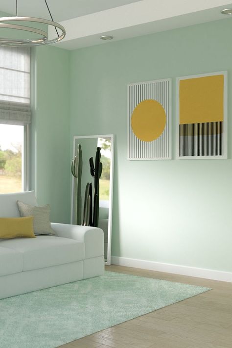 Mint Green Wall with Yellow Accent Color for Living Room Interior Wall Colours Living Rooms, Mint Green House Interior Wall Colours, House Colour Interior Living Rooms, Mint Green Paint Walls Bedrooms, Mint Color Room Ideas, Creative Wall Painting Ideas Living Room Modern, Light Colours For Living Room, Mint Office Walls, Mint Green Wall Bedroom