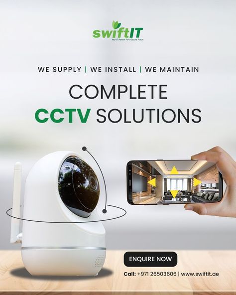 Complete CCTV Solutions in Abu Dhabi #Swiftit, Leading CCTV suppliers in Abu Dhabi. Best services in Town. Remotely solve your problem. High quality CCTV Camera Installation & maintenance services at an affordable price. Enquire Now at +971 26503606, + 056 2071853 https://swiftit.ae/ #CCTVSolutionsAbuDhabi #CctvSuppliersAbuDhabi #CctvIpCameraAbuDhabi #CctvInstallationCompaniesAbuDhabi #CctvCameraPriceAbuDhabi #CctvCompaniesAbuDhabi #CctvSystemAbuDhabi #CctvCameraAbuDhabi #CctvMaintenanceComp Cctv Camera Installation, Camera Installation, Security Camera Installation, Banner Design Inspiration, Photoshop Tutorial Photo Editing, Pet Camera, Cctv Security Cameras, Social Media Poster, Surveillance System