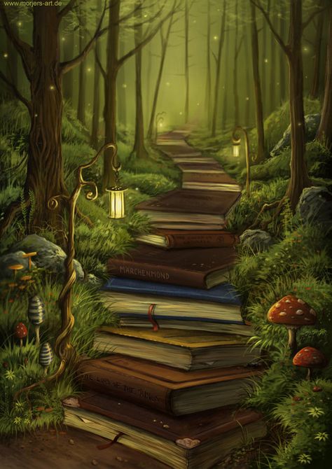 The Reader's Path | Wee Folk Art Wow Art, 판타지 아트, Pics Art, Cartoon Illustration, In The Woods, Fantasy World, Book Nerd, Lesson Plans, Book Worms