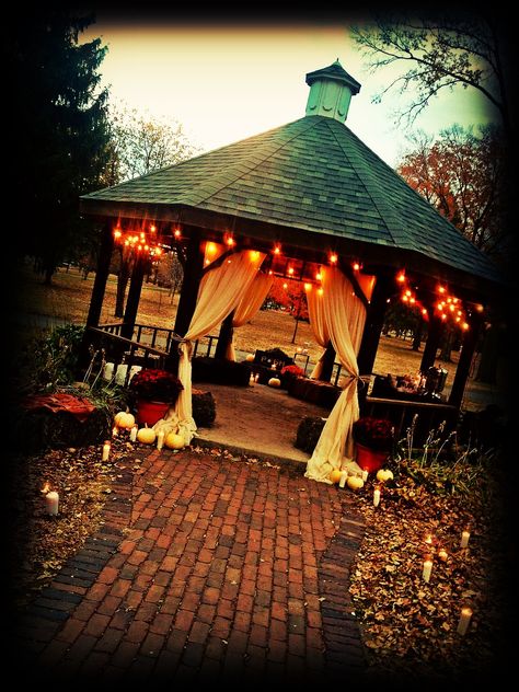 one of my favorite, the lights and the drapes over the walk way. we could easily do that with some tuelle and put some of the pumpkins, mums, and other small decor at the bottom of the steps LOVE it Gazebo Wedding Ideas, Gazebo With Lights, Fall Gazebo, Gazebo Wedding Ceremony, Gazebo Lights, Gazebo Wedding Decorations, Gazebo Decor, Outside Wedding Ideas, Gazebo Lighting