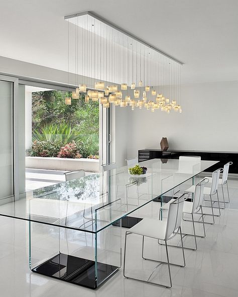 Contours of the Tulip Chandelier complement the form of the rectangular dining table - Decoist Dining Room Design Modern, Dining Table Lighting, Minimalist Dining Room, Dining Room Contemporary, Modern Dining Room Tables, Elegant Dining Room, Contemporary Dining Room, Glass Dining Table, Rectangular Dining Table