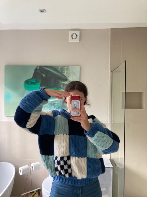 Crochet, Patchwork, Blue, White, Jumper, Sweater, Oversize, Wool, Comfy, Yarn Crochet Sweater With Squares, Cute Crochet Jumper, Matching Crochet Sweaters, Crochet Sweater Square, Crochet Square Jumper, Crochet Patchwork Sweater Pattern, Patchwork Crochet Top, Crochet Patchwork Sweater Pattern Free, Crochet Sweater Squares