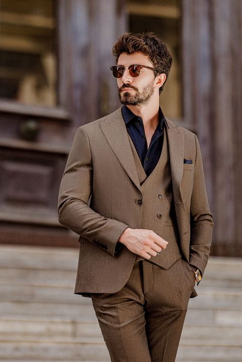 Make a lasting impression with the Brown Slim-Fit Suit 3-Piece. The deep brown hue and precise tailoring create a powerful yet approachable look, perfect for the man who values style and confidence in every detail.  #brownslimfitsuit #elegantmenswear #classylook #formalfashion #modernfit #tailoredsuit #professionalstyle #sharpdressing #businessattire #menssuit Black Double Breasted Suit, Bow Tie Suit, Modern Fit Suit, Suit Styles, Double Breasted Tuxedo, Suit Stores, Slim Fit Suit Men, Suits Men Business, Slim Fit Tuxedo