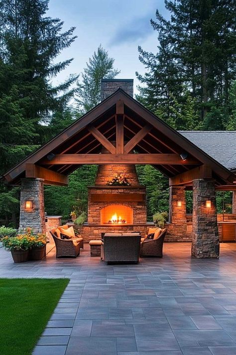 covered_patio_ideas_attached_to_house_with_fireplace (33) Large Back Porch Ideas, Backyard Pavilion With Fireplace, Entertaining Backyard Ideas, Outdoor Fireplaces Ideas, Outdoor Fireplace Ideas Backyards, House With Fireplace, Fireplace Backyard, Rustic Outdoor Fireplaces, Covered Patio Ideas