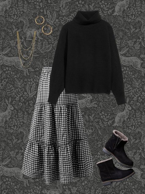 Winter Cottagecore Outfit with black turtleneck and black and white gingham skirt. Black And White Checkered Skirt Outfit, Black And White Plaid Skirt Outfit, Winter Cottagecore Outfit, Black Long Skirt Outfit, Gingham Skirt Outfit, Checkered Skirt Outfit, Black And White Gingham Skirt, Gingham Dress Outfit, Office Skirt Outfit