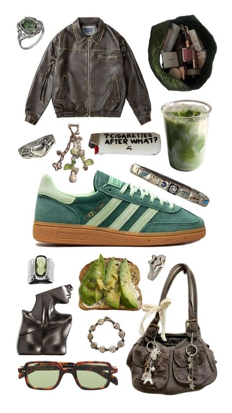 adidas shoes, green adidas shoes, outfit inspo, leather jacket, autumn outfit, aesthetic, collage, jewelry inspo Green Adidas Shoes Outfit, Adidas Shoes Green, Outfit Inspo Leather Jacket, Green Adidas Shoes, Adidas Shoes Outfit, Collage Jewelry, Adidas Outfit Shoes, Green Adidas, Shoes Green