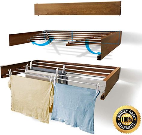 Amazon.com: Step Up Laundry Drying Rack - Wall Mounted - Retractable - Clothes Drying Rack Collapsible Folding Indoor or Outdoor – Space Saver Compact Sleek Design, 60lbs Capacity, 20 Linear Ft (Wood Look): Home & Kitchen Laundry Drying Rack, Wall Mounted Drying Rack, Pool Shed, Laundry Rack, Drying Racks, Drying Rack Laundry, Laundry Closet, Laundry Drying, Clothes Drying