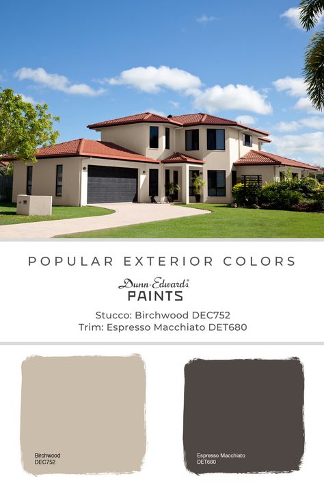 #Exteriorcolroscheme #exteriorpaint #exteriorinspo #exteriorhome #exteriorcolors #myDEcolor #DunnEdwardsPaints #DEcolortrends #dunnedwards #popularcolors #designercolors #curatedcolors #espressomacchiato #det680 #birchwood #dec752 Color Schemes For The Home Exterior, Mediterranean Exterior Paint Colors, Dunn Edwards Exterior Paint Colors, Terracotta Roof House Exterior Colors, Red Roof House Colors, Terracotta Roof House, Stucco Exterior Colors, Outside House Paint Colors, Exterior Home Color Schemes