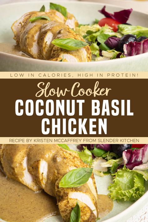 Slow Cooker Coconut Basil Chicken-Low In Calories, High In Protein! : ObesityHelp Basil Chicken Recipe, Bariatric Friendly Recipes, Coconut Milk Recipes, Coconut Chicken, Basil Chicken, Turkey Dishes, Bariatric Recipes, Keto Recipes Dinner, Healthy Crockpot Recipes