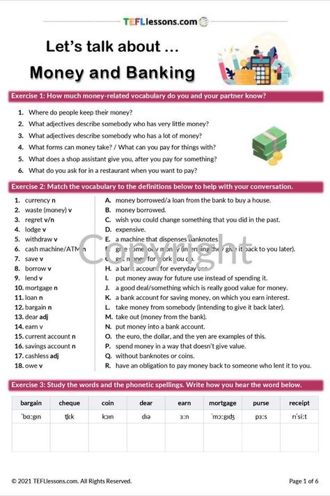 Bank Vocabulary English, Money Vocabulary English, Banking Vocabulary, Money Vocabulary, Esl Materials, English Teaching Materials, Esl Lesson Plans, English Language Learning Grammar, Esl Lessons