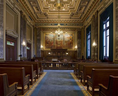 Howard M. Metzenbaum   Federal Courthouse  Cleveland Gacha Court Background, Court Judge Aesthetic, Courtroom Design, Courtroom Background, Institutional Design, Moot Court, Court Background, Good Morning Usa, Court Room