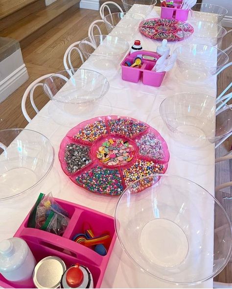 Kids Barbie Party Activity Barbie And Ken Party Games, Barbie Slime Party, 7 Year Birthday Party Activities, Birthday Stations Activities, Stations For Birthday Parties, Barbie Theme Party Activities, Barbie Party Sleepover, Barbie Birthday Party Crafts, Barbie Birthday Party Snacks