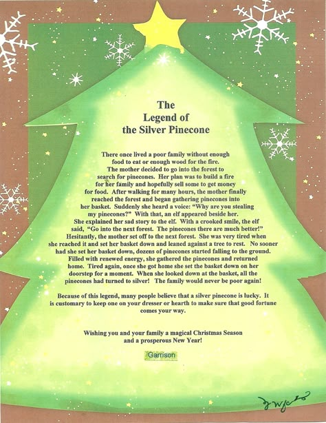 Get a pinecone ... spray paint it silver ... attach "the Legend" !!! Poems About Christmas, Christmas Tree Poem, Christmas Folklore, Hobbit Cake, Christmas Legends, Christmas Notes, Christmas Plays, Friendship Circle, Tree Poem