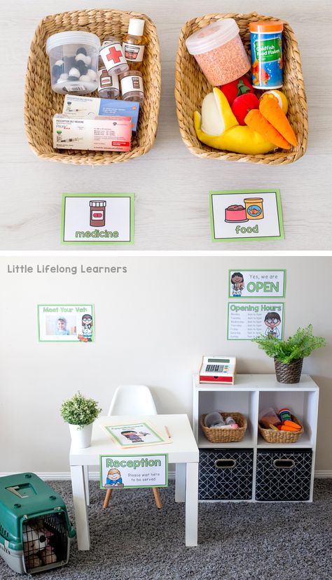 Printables for Vet Clinic Dramatic Play area | Early childhood play ideas | Imaginative play for Toddlers, Preschoolers, Kindergarten and Foundation students | Printable signs, labels and forms for early writing and play in the classroom or at home | Australian teachers and parents | Vet Clinic Dramatic Play, Clinic Dramatic Play, Play In The Classroom, Dramatic Play Themes, Role Play Areas, Dramatic Play Preschool, Dramatic Play Area, Vet Clinic, Dramatic Play Centers