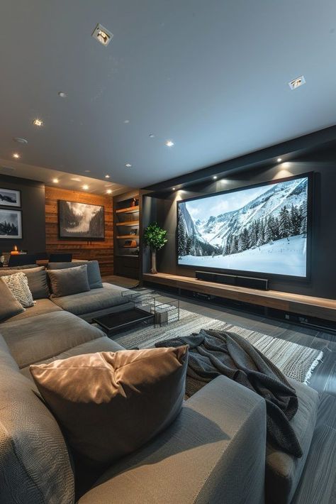 Comfortable Tv Rooms, Large Tv Room Ideas, Basement Large Tv Wall, Simple Movie Room Ideas, Living Room Sound System, Basement Inspo Cozy, Cozy Basement Tv Room, Projector In Basement Ideas, Media Tv Wall