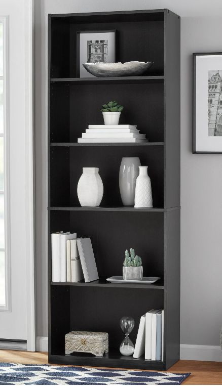 Dark Grey Bookshelves, Dark Bookshelf Styling, Black Bookshelf Decor, Dark Bookshelves, Bookshelves Display, Link Reference, Grey Bookshelves, Black Bookshelves, Bedroom Bookcase