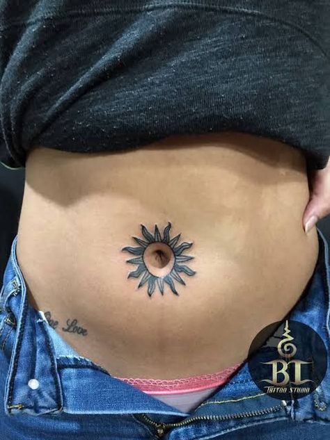 Tattoo Below The Navel, Sun Tattoo Belly Button, Sun Tattoo Around Belly Button, Sun Belly Tattoo, Sun Around Belly Button Tattoo, Around The Belly Button Tattoo, Sun Tattoo On Stomach, Belly Button Sun Tattoo, Sun Belly Button Tattoo