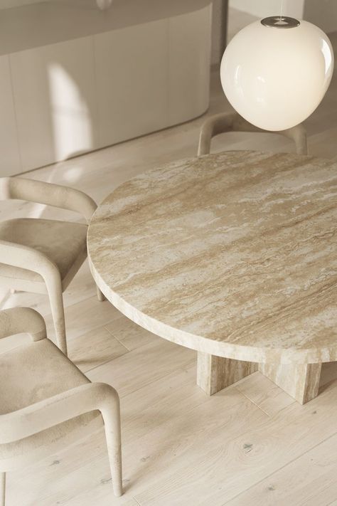 Travertine Dining Table And Chairs, Travertine Round Dining Table, Round Travertine Dining Table, Travertine Table Dining, Marble Dining Table Round, Minimalist Round Dining Table, Beige Dining Table, Marble Dining Table Decor, Scandinavian Minimalist Interior