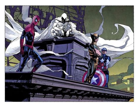 Spider-Man, Moon Knight, Wolverine, Captain America Marvel Knights, Marvel Moon Knight, Comic Book Artwork, Moon Night, Marvel Comic Books, Moon Knight, Avengers Assemble, Marvel Heroes, Marvel Art