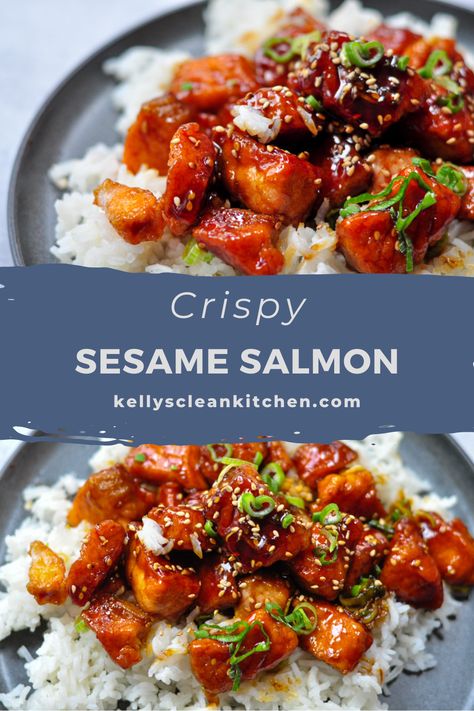 General Tso Salmon Recipes, Asian Inspired Salmon, Crispy Sesame Salmon Bites, Sesame Salmon Bites, Sesame Salmon Recipes, Sesame Salmon Bowl, Honey Soy Salmon Bowl, Crispy Salmon Bites Air Fryer, Keto Salmon Bowl