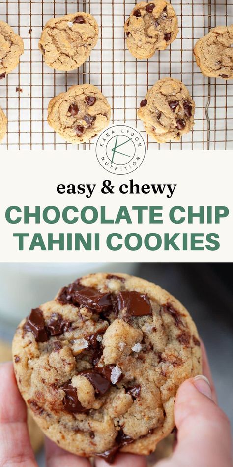 Got tahini in your pantry that you want to use and looking for tahini recipe ideas? Let me introduce you to this chocolate chip tahini cookie recipe! These cookies are crispy on the outside, chewy on the inside, and oh-so-chocolatey. The chocolate chunk cookies you love PLUS the nutty flavor of tahini - dessert perfection! Tahini Recipe Ideas, Tahini Dessert, Tahini Cookie, Tahini Cookies Recipe, Tahini Chocolate Chip Cookies, Tahini Chocolate, Easy Healthy Desserts, Tahini Cookies, College Recipes