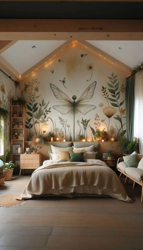 Green Woodland Bedroom, Diy Fairy Garden Room Decor, Fairyland Bedroom Ideas, Forest Themed Room Aesthetic, Meadow Themed Bedroom, Green Fairy Bedroom Aesthetic, Green Fairy Room Aesthetic, Fairy House Inspiration, Enchanted Forest Furniture