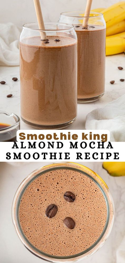 This Almond Mocha Smoothie King recipe is packed full of high protein ingredients like Greek yogurt, chocolate protein powder, and almond butter. This smoothie is great for both a mid-afternoon caffeine pick-me-up or a filling breakfast that will keep you satisfied all day. Smoothie King Coffee High Protein Recipe, Smoothie King Recipes Copycat, Smoothie King Recipes, Greek Yogurt Chocolate, Shake Recipes Healthy, Yogurt Chocolate, Mocha Smoothie, Protein Ingredients, Coffee Creamers