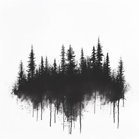 Charcoal Forest Drawing, Forest Tattoo Sketch, Woods Tattoo Design, Tattoo Woods Forest, Dark Forest Tattoo Design, Pine Forest Drawing, Forest Tattoo Design Drawing, Forest Silhouette Tattoo, Dark Tree Tattoo