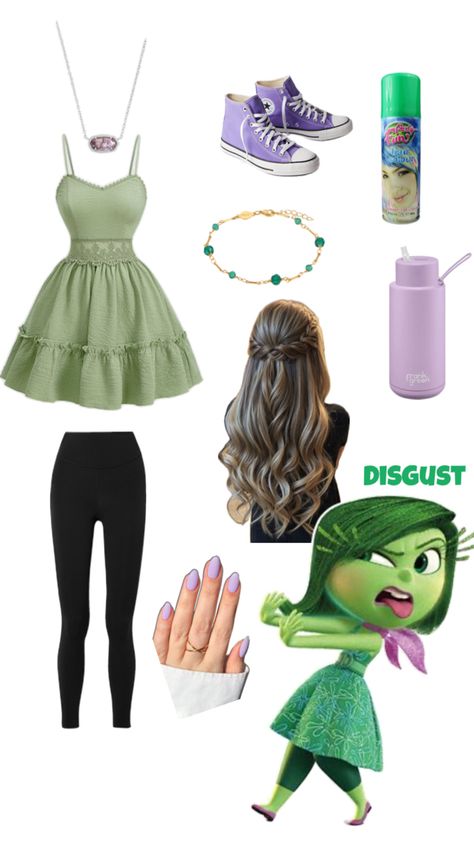 Inside out character costume for Halloween or book week or any party. Riley Inside Out Costume Ideas, Disgust Halloween Costume, Disgust Inside Out Costume, Inside Out Characters Costumes, Inside Out Halloween Costume, Disgust Costume, Inside Out Halloween, Disgusted Inside Out, Inside Out Costume